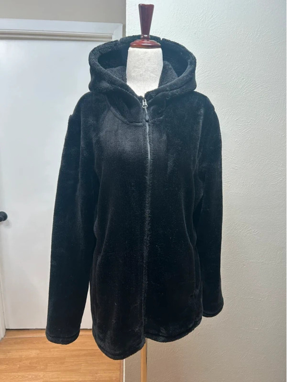 Black Fluffy Jacket with hood and pockets